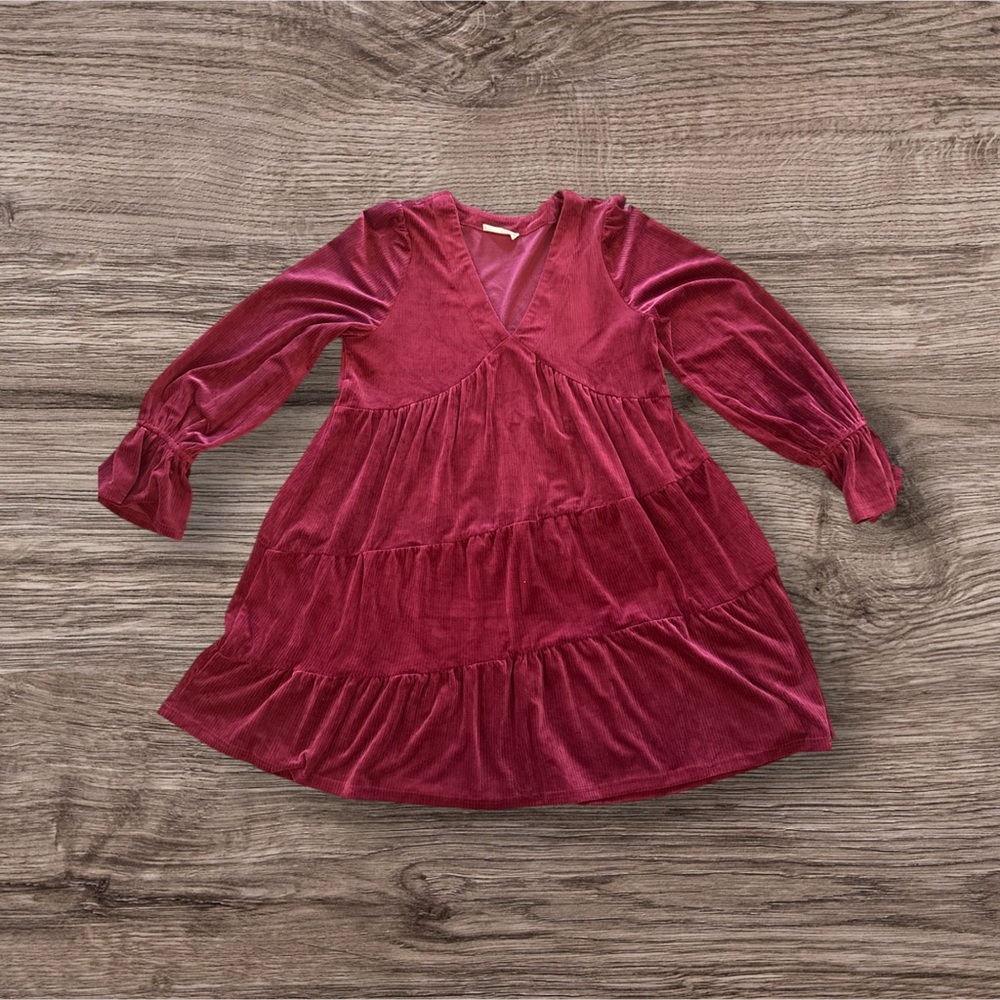 Red Tiered Ruffled Sundress with Long Bishop Sleeves